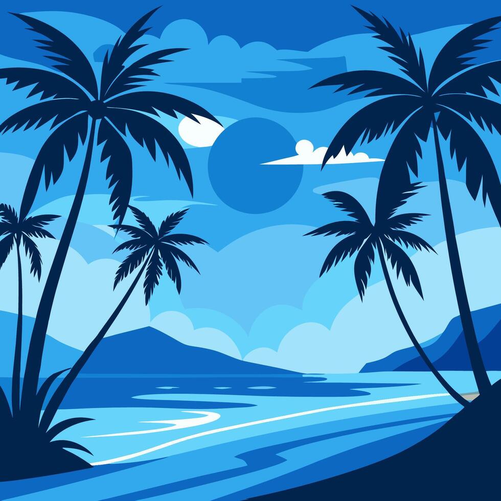 silhouettes view Beach with coconut trees shades of blue vector