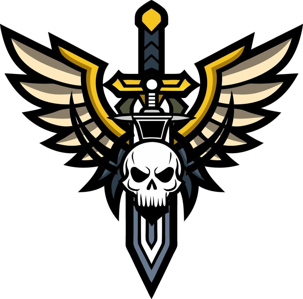 Black line art Hand drawn sword wings skull design in white background vector