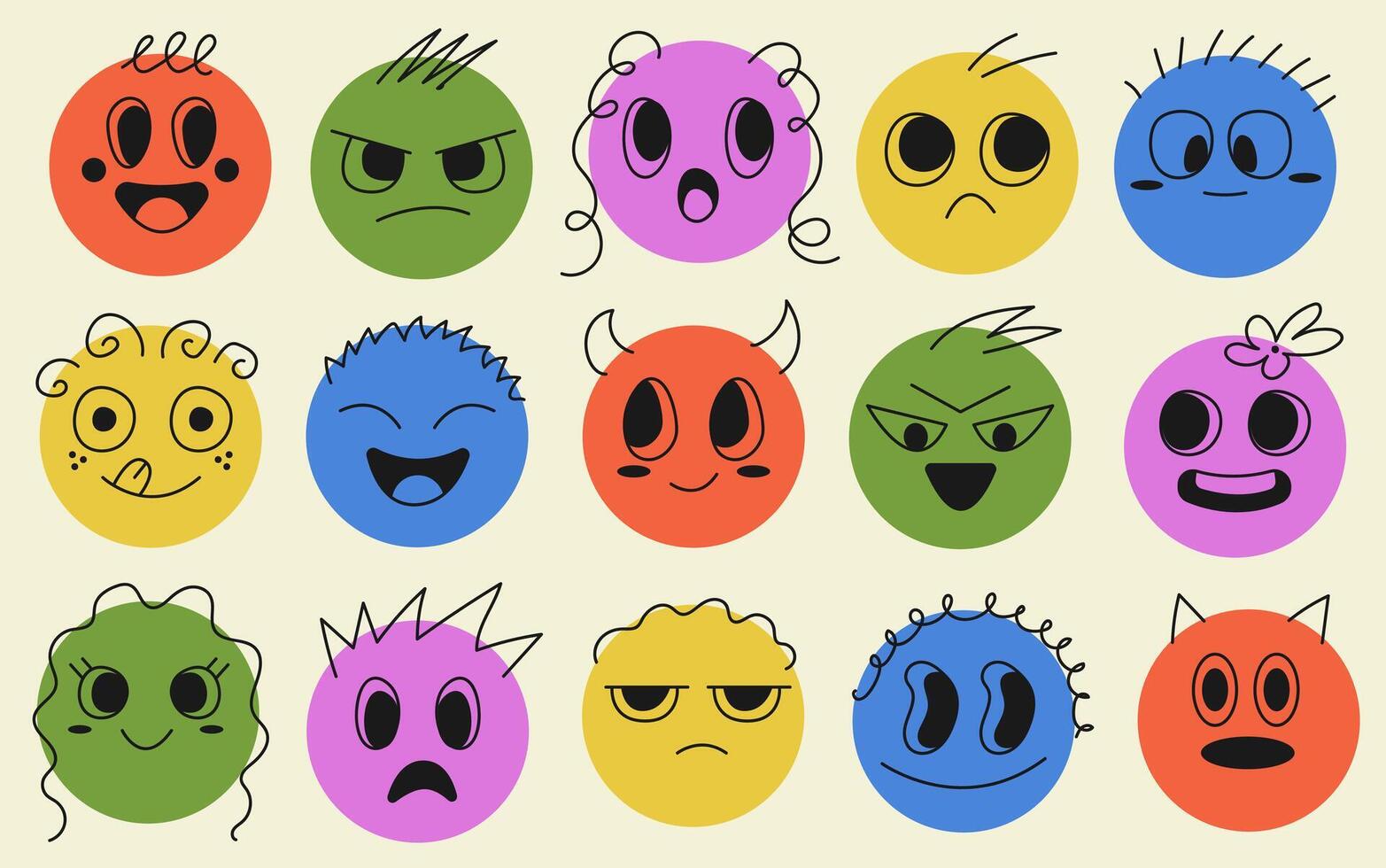 Set of abstract stickers with funny outline character face. Circle with playful emoticons. Doodle mascot characters with a smile vector