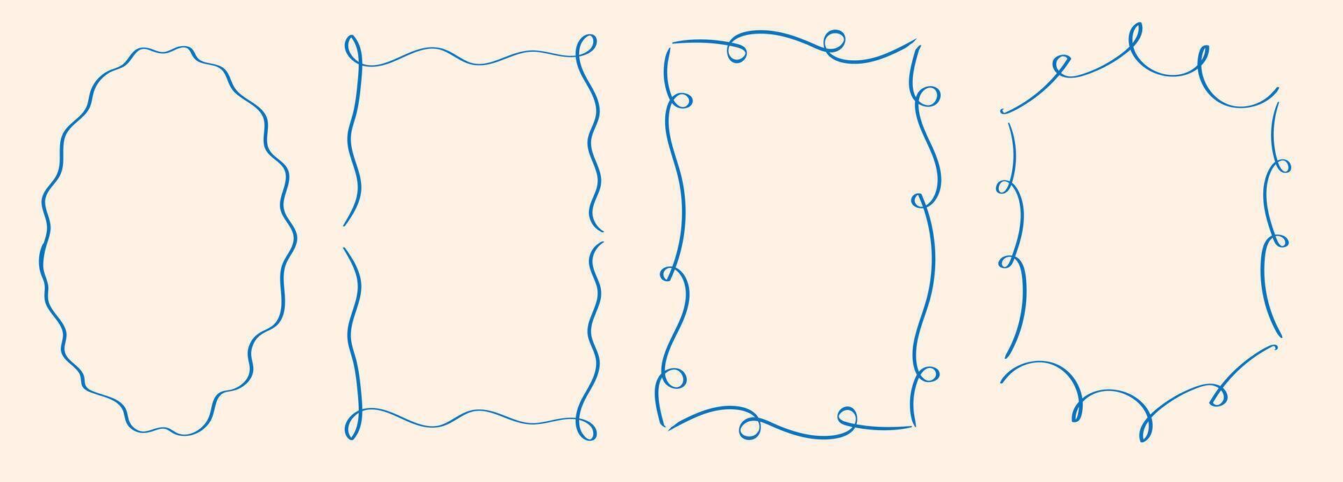 Rectangle wavy scallop frame in doodle trendy style. Border with elegant outline loop for greeting cards. vector