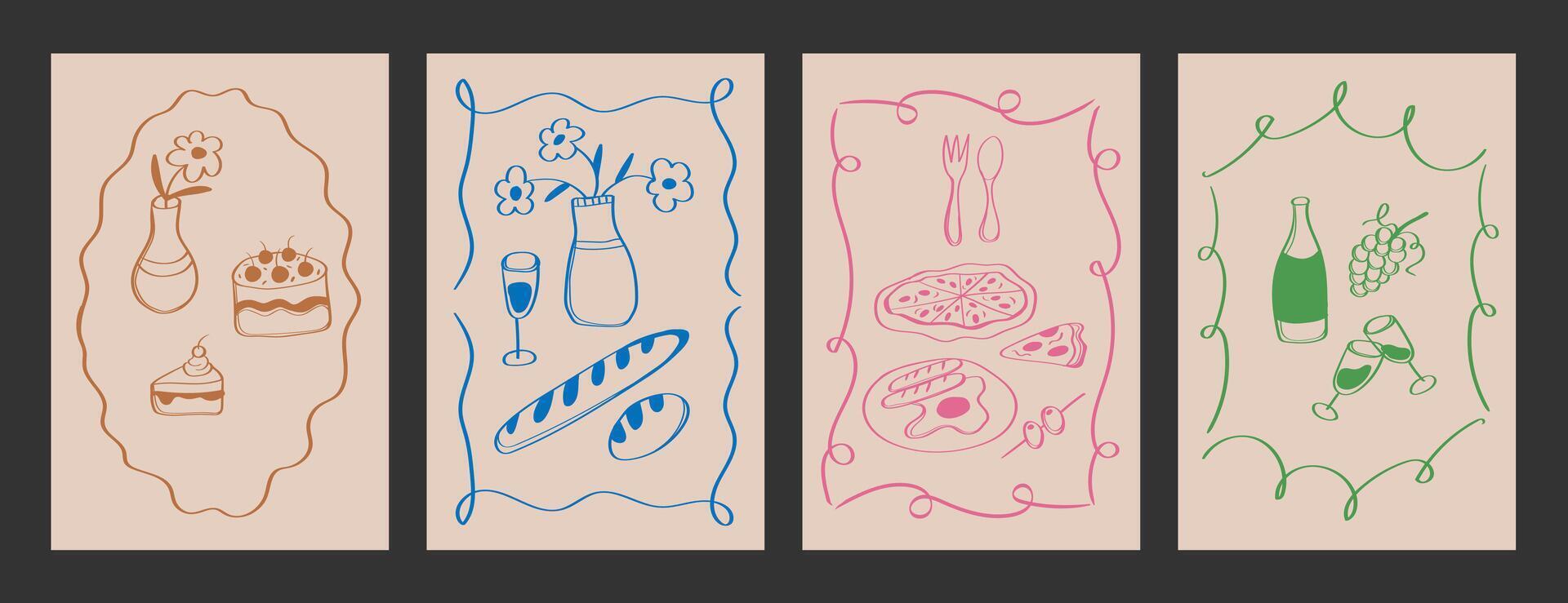 Set of poster with food and meal, abstract doodle frame. Italian menu. Breakfast background. vector