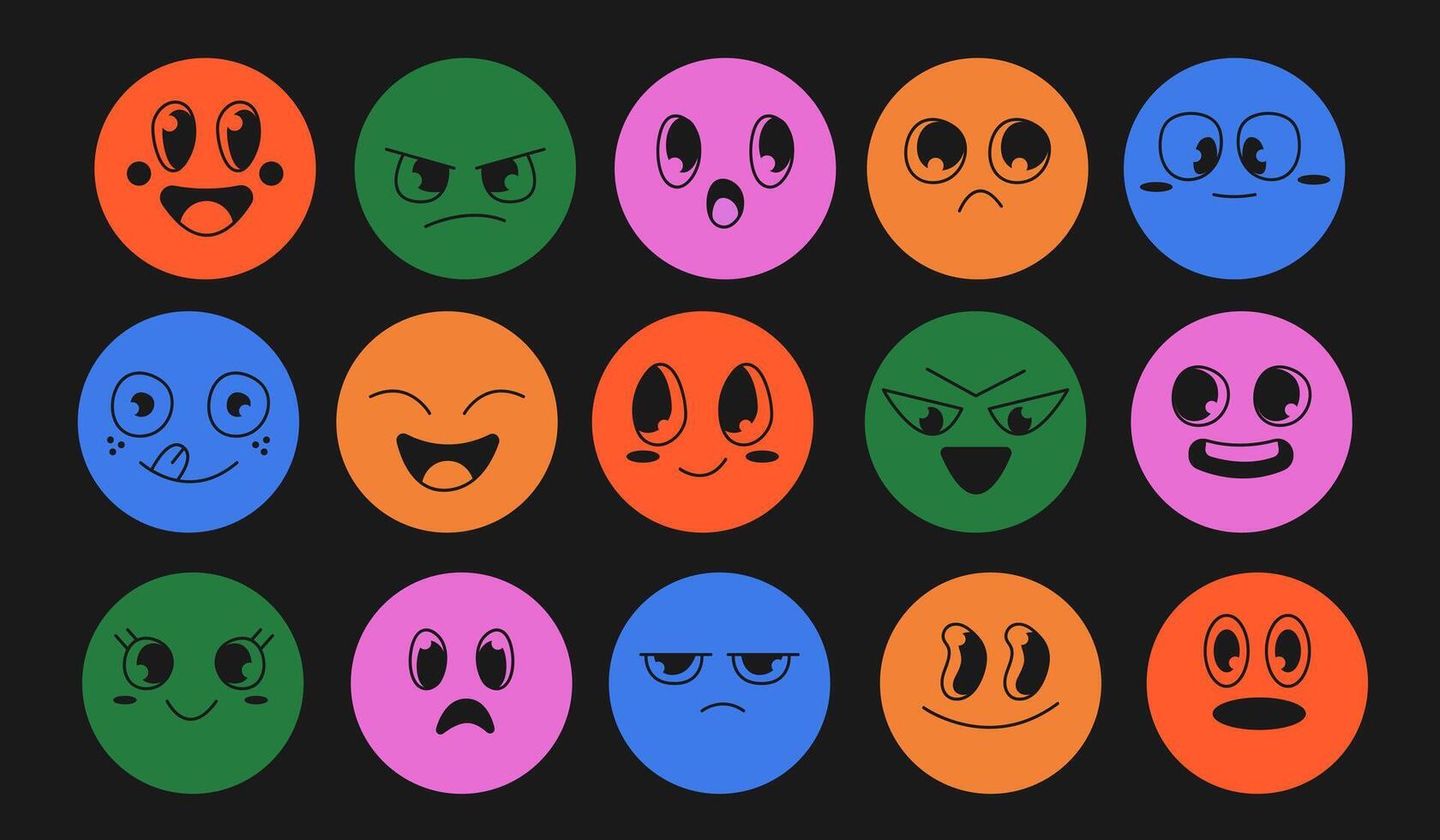 Colorful character comic face circle. Abstract emoticons with different mood. Social media reaction sticker, children drawing concept vector