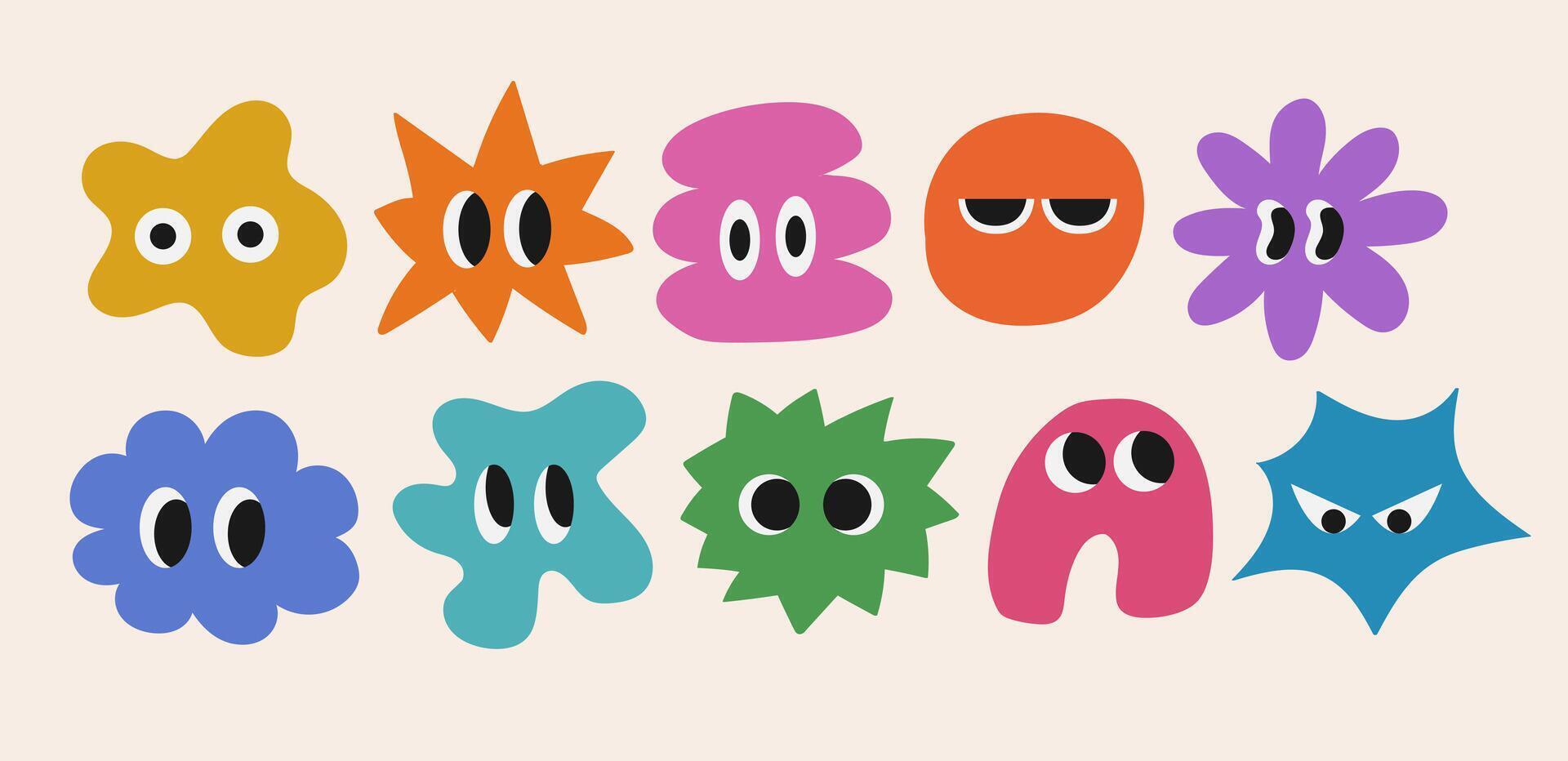 Set of abstract basic shape with big eye. Hand drawn trendy style. Collection character stickers. Faces with various emotions on isolated background vector