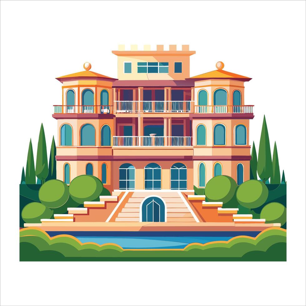 an illustration of a large mansion with a fountain vector
