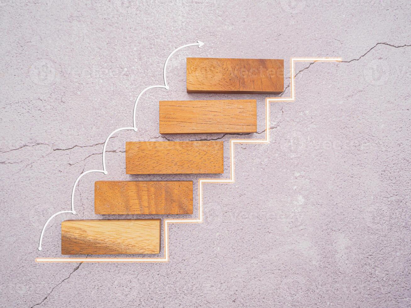 Business growth and investment concept. Wooden blocks stair with white line effect isolated on cement floor background for connecting to goal success photo