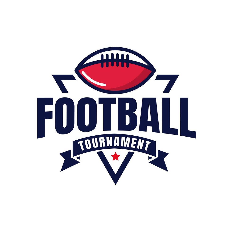 Modern design logo main elements of red American football ball, triangle shape and ribbon with red star at the bottom vector