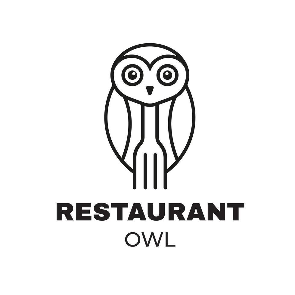The owl logo is minimalist and combines the shape of an owl with a fork to represent a place to eat, suitable for restaurants. vector