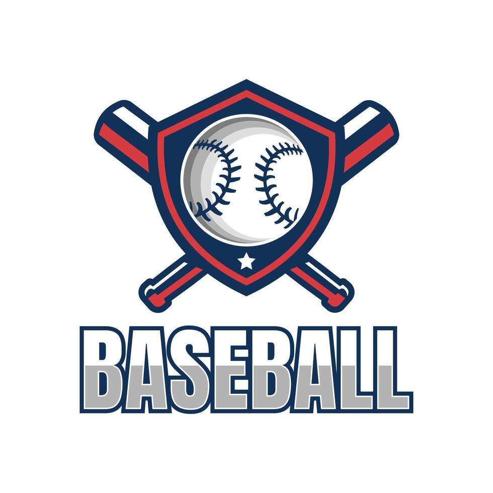 logo with baseball design in the center of the shield, complemented by two crossed baseball bats, suitable for baseball teams, leagues or events vector