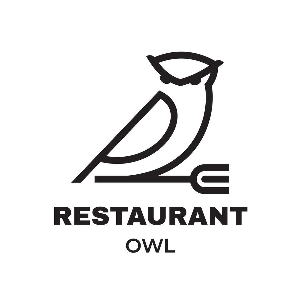 Minimalist Owl Restaurant Logo Monochrome Design with Fork Element, Modern and Elegant Branding for Dining Establishments vector