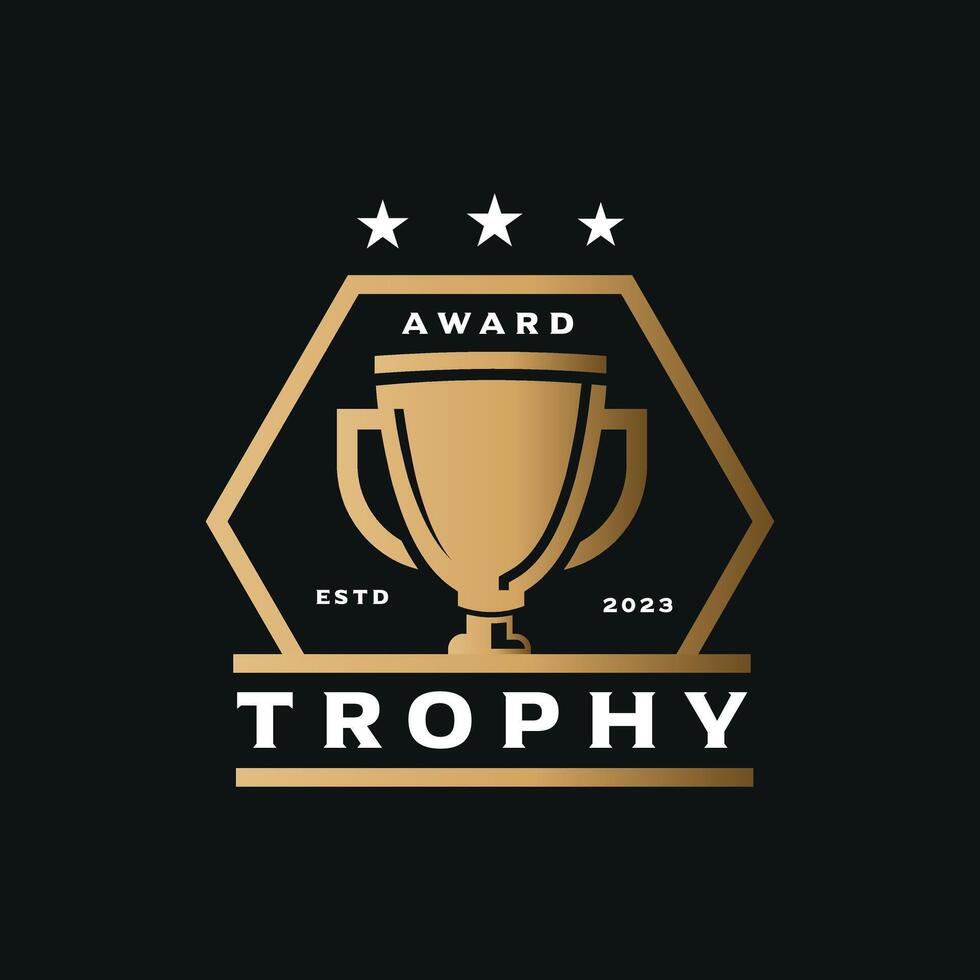 Award trophy logo with elegant design of gold colored trophy in hexagon shape, accompanied by three stars. This logo is perfect for use in award events, competitions vector