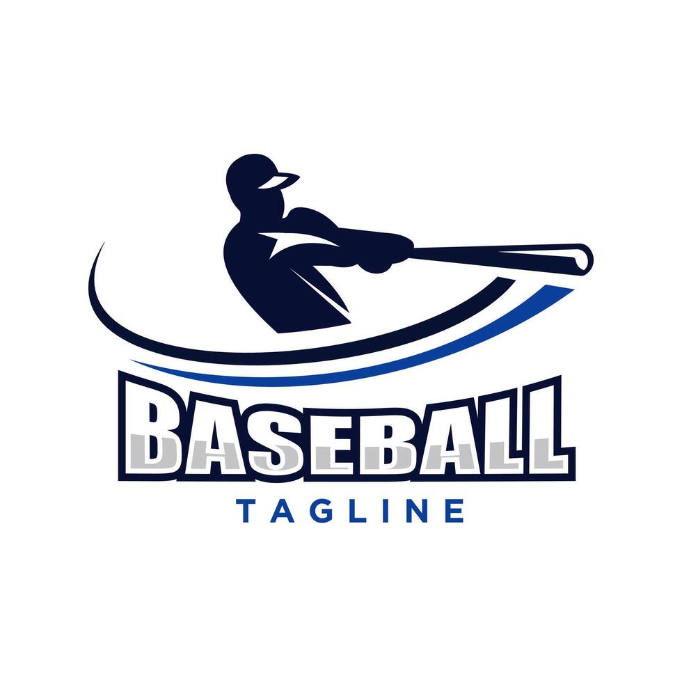 Baseball logo with a silhouette of a player hitting the ball, surrounded by curved lines that create a sense of dynamic movement. suitable for team branding, sporting events vector