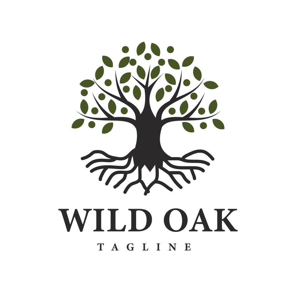Wild Oak Logo Design silhouette of a sturdy oak tree with deep roots vector