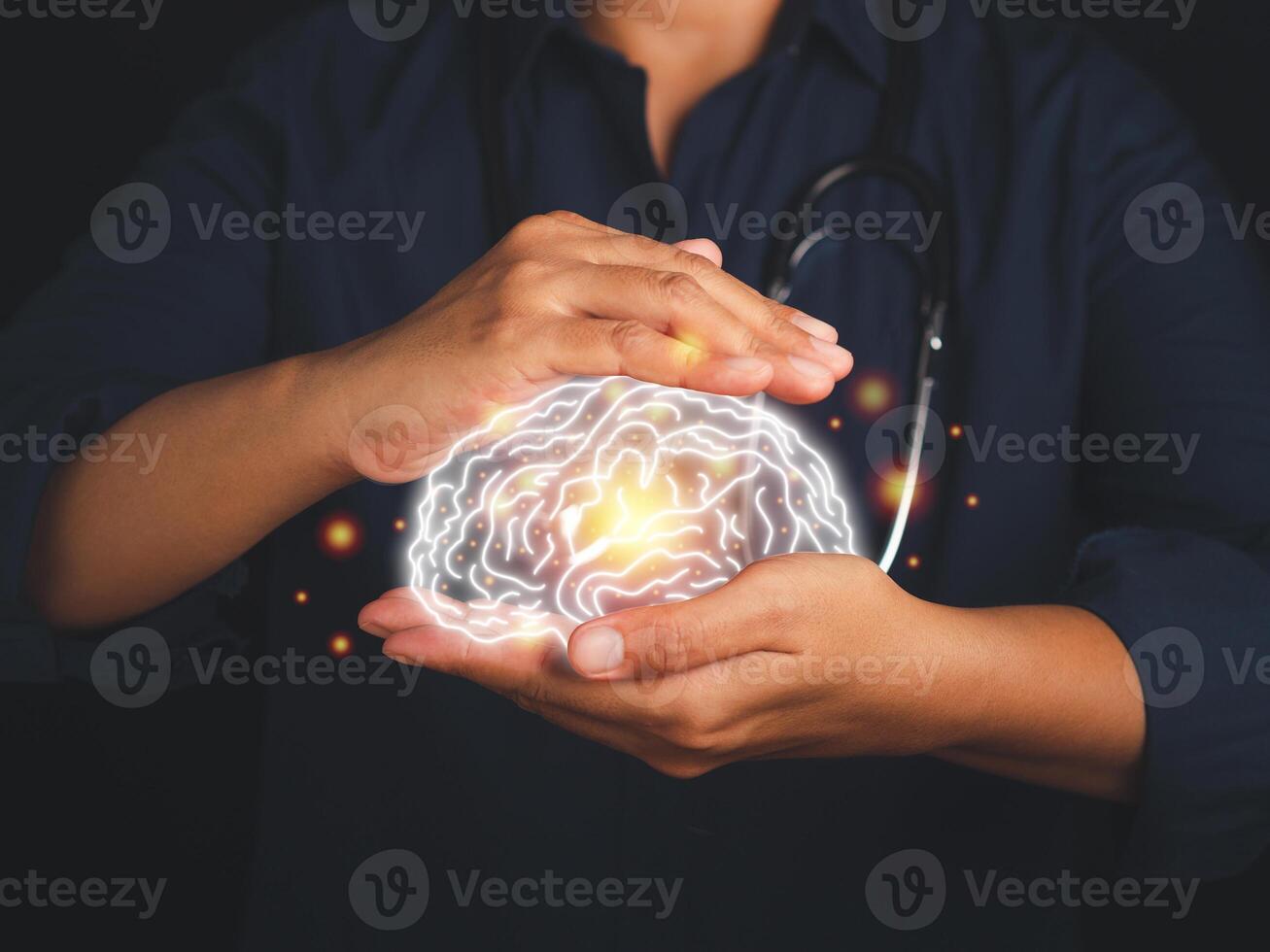 Digital image of the brain on the palm. Artificial Intelligence, AI Technology. Business analysis, innovation, technology in science and medicine. Mental health protection, care, medical and treatment photo