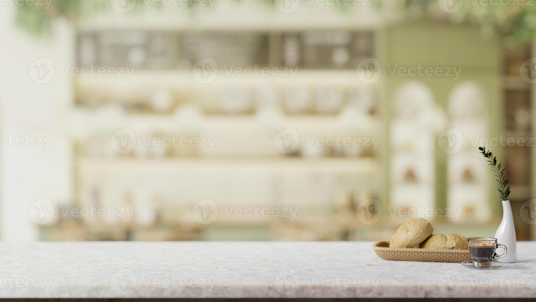 A presentation space on a marble white table in a contemporary green coffee shop. photo