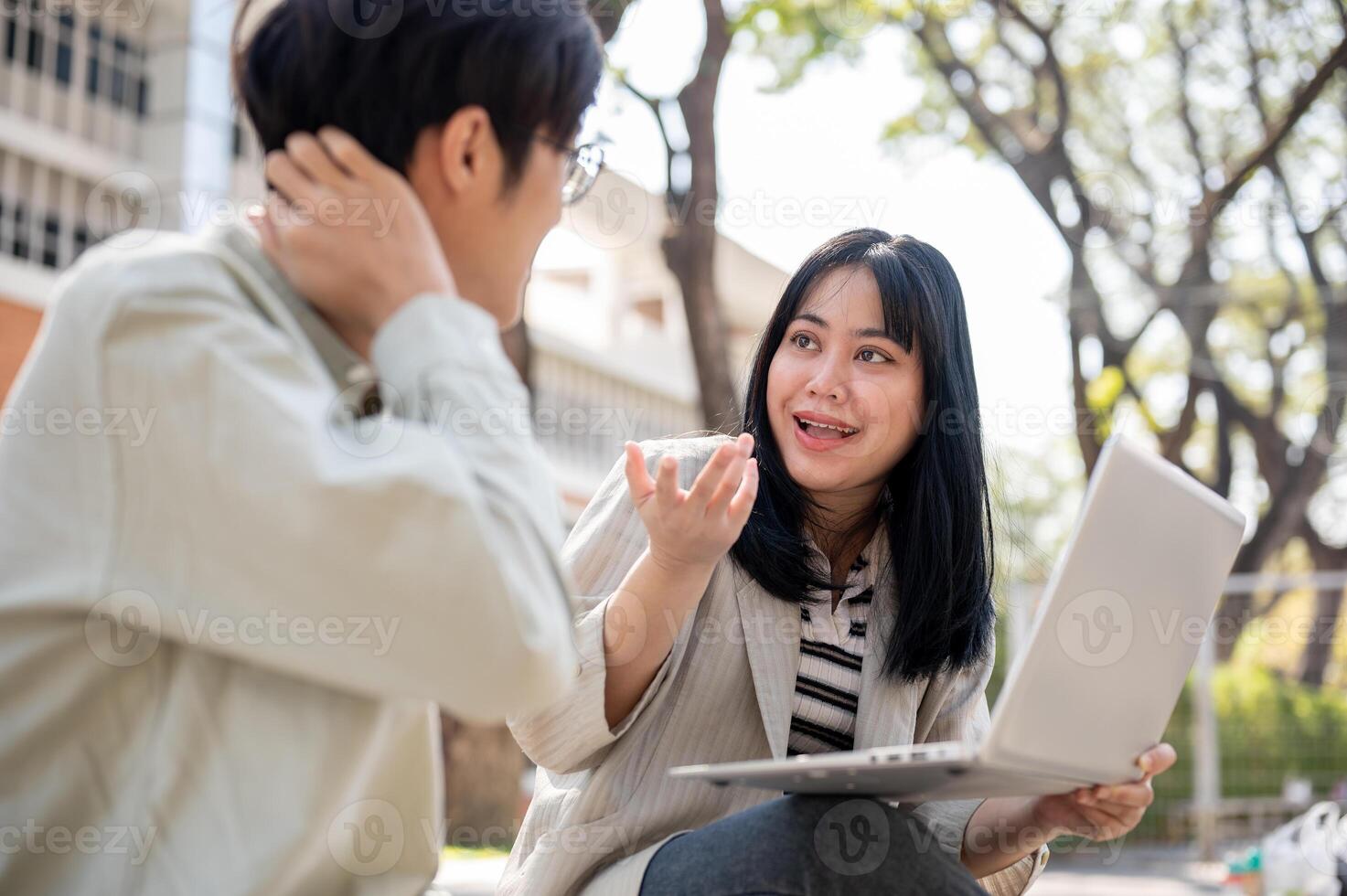 Two smart Asian students are collaborating on a project while sitting together in the park. photo