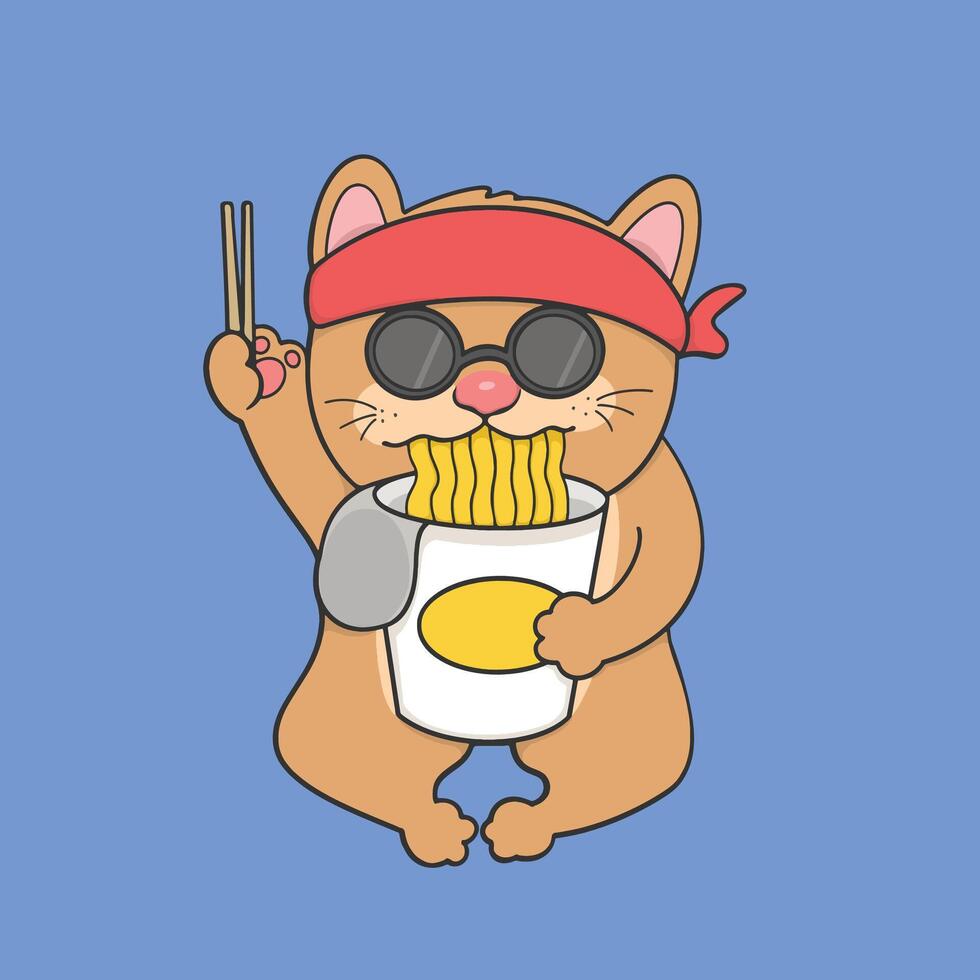 Cat Eating Noodles Sticker Cute Illustration Transparent Background vector