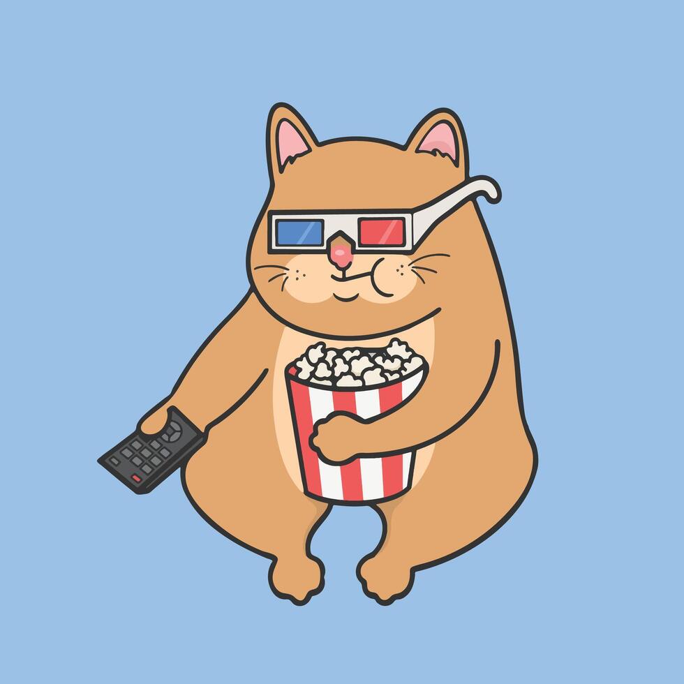 Movie Time Cat with Popcorn Cute Illustration vector