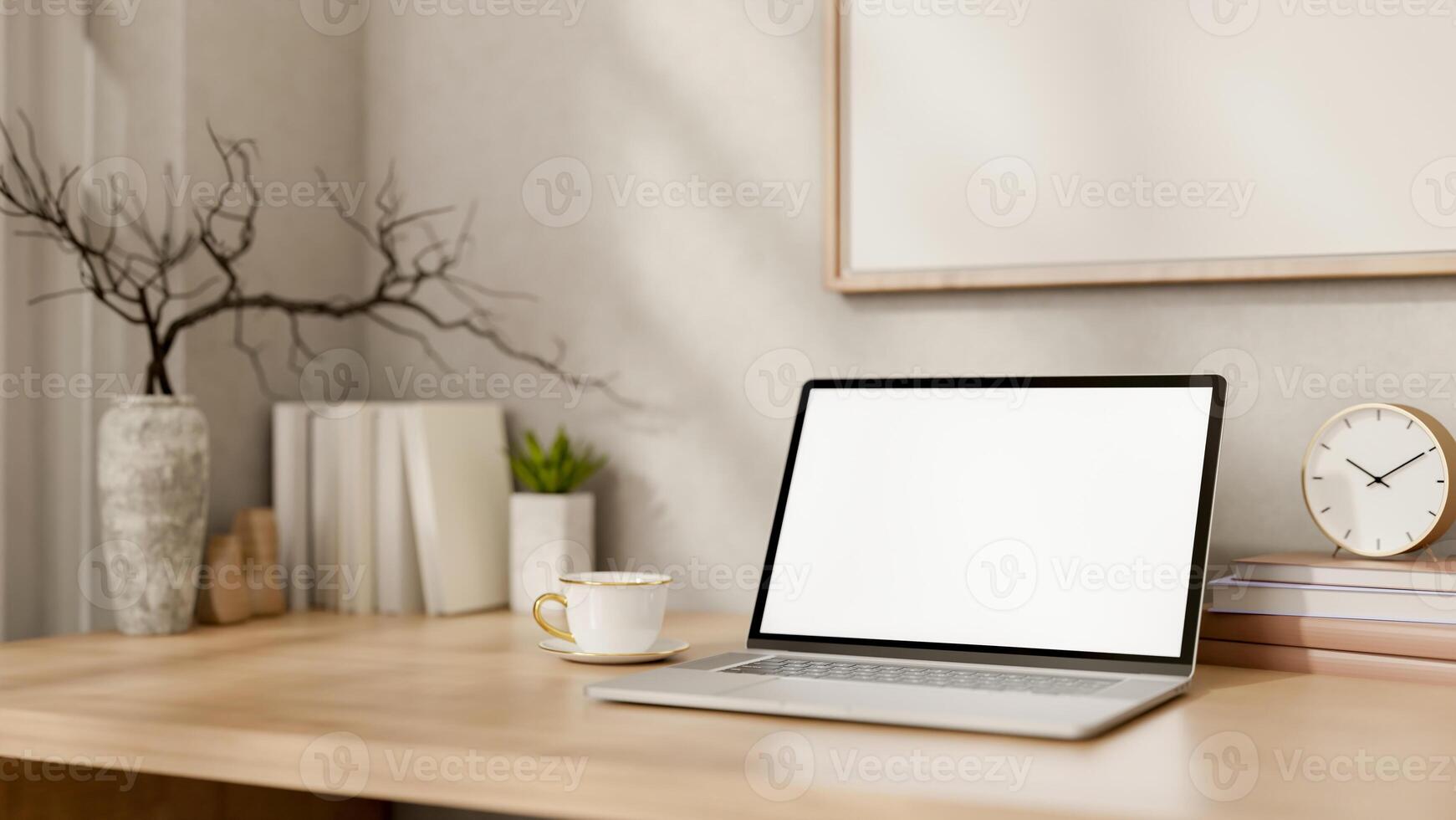 A laptop and minimal decorative objects on a wooden table in a minimal Scandinavian room. photo