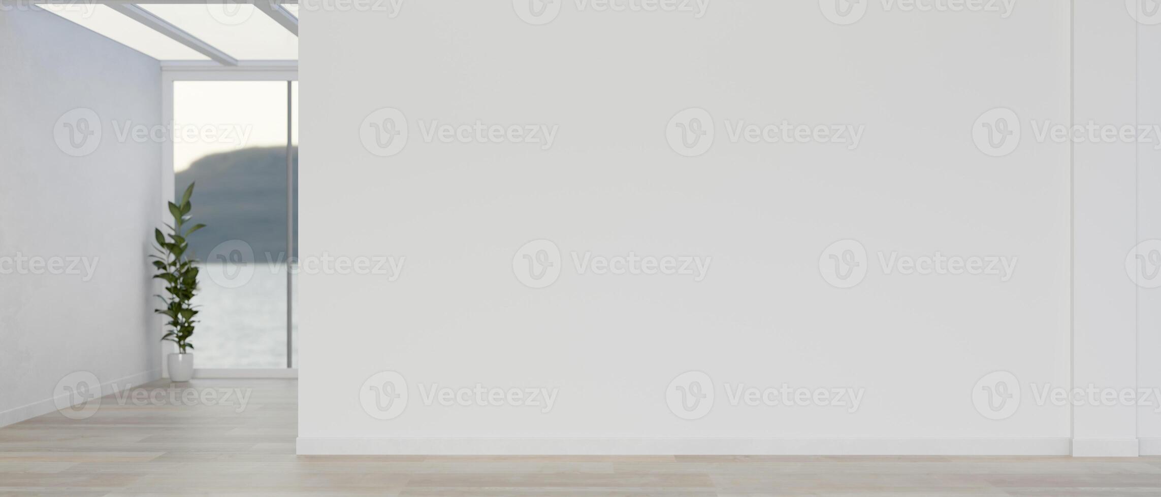 The interior design of a contemporary empty room or corridor with a white wall and a parquet floor. photo
