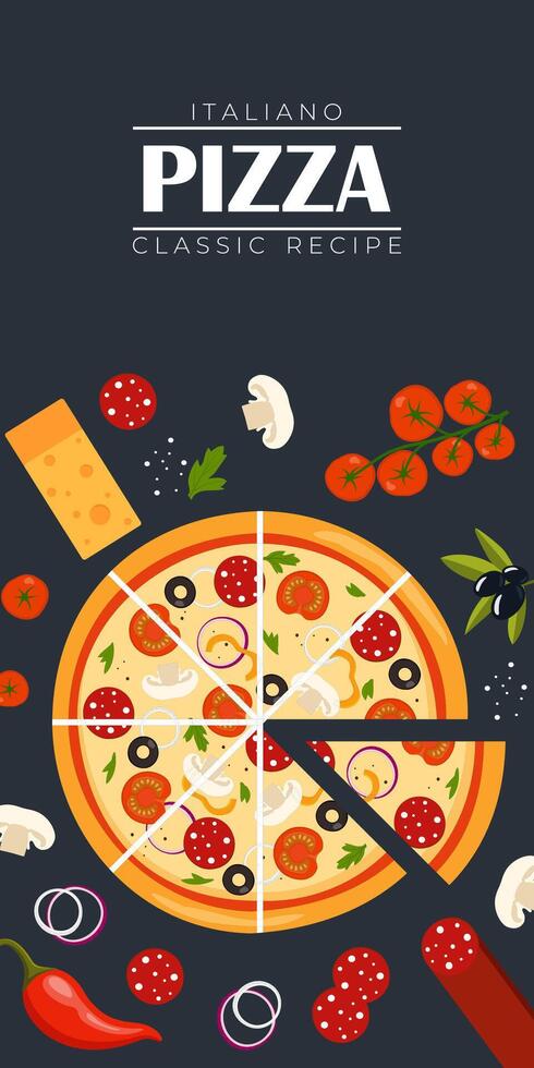 Pizza Flyer Design Template. Cooking, cafe and restaurant menu, food ordering, junk food. illustration for banner, poster, flyer, cover, menu, brochure. vector