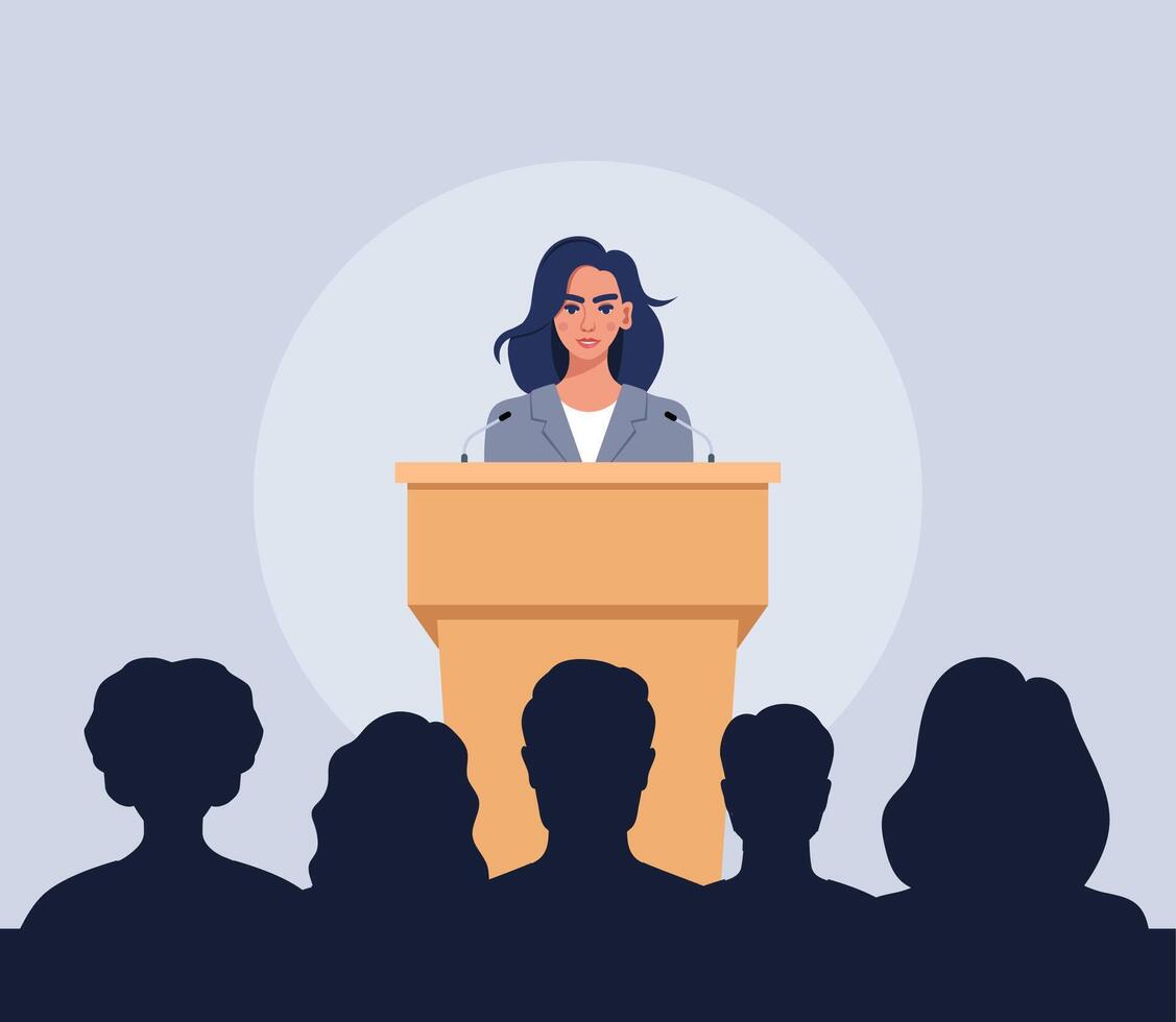 Confident woman behind podium during stage speech. Speaker talking in front of the audience. Public speaking. Spokeswoman before crowd of people. illustration. vector