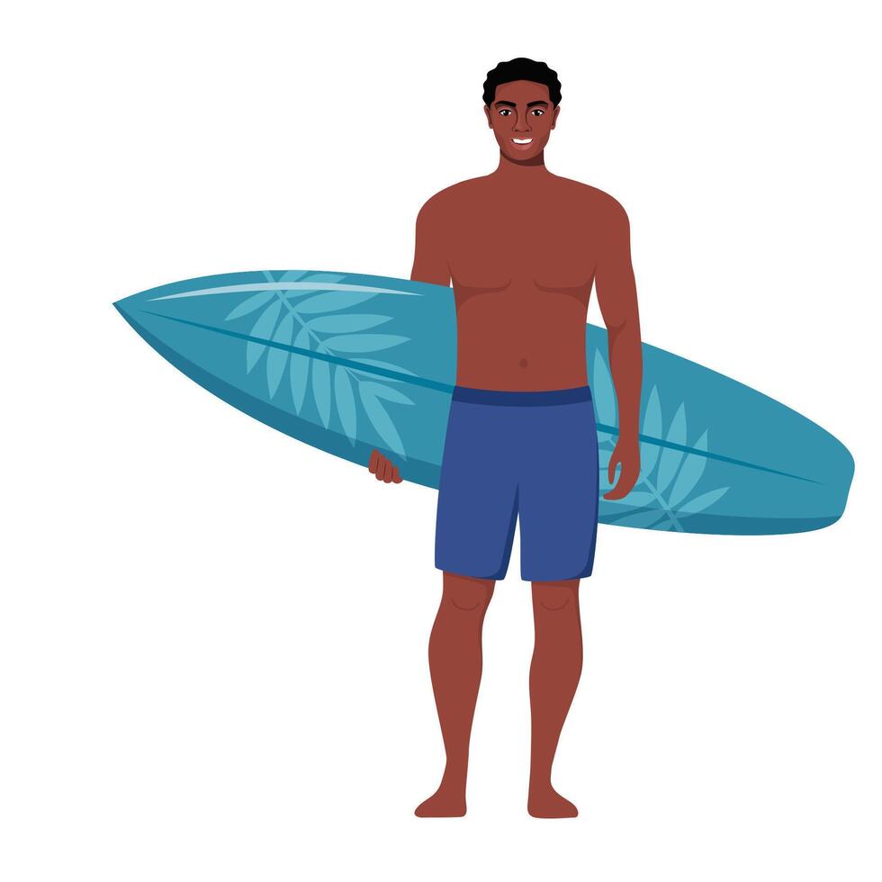 Young African American man surfer with surfboard standing on the beach. Smiling surfer guy. illustration. vector