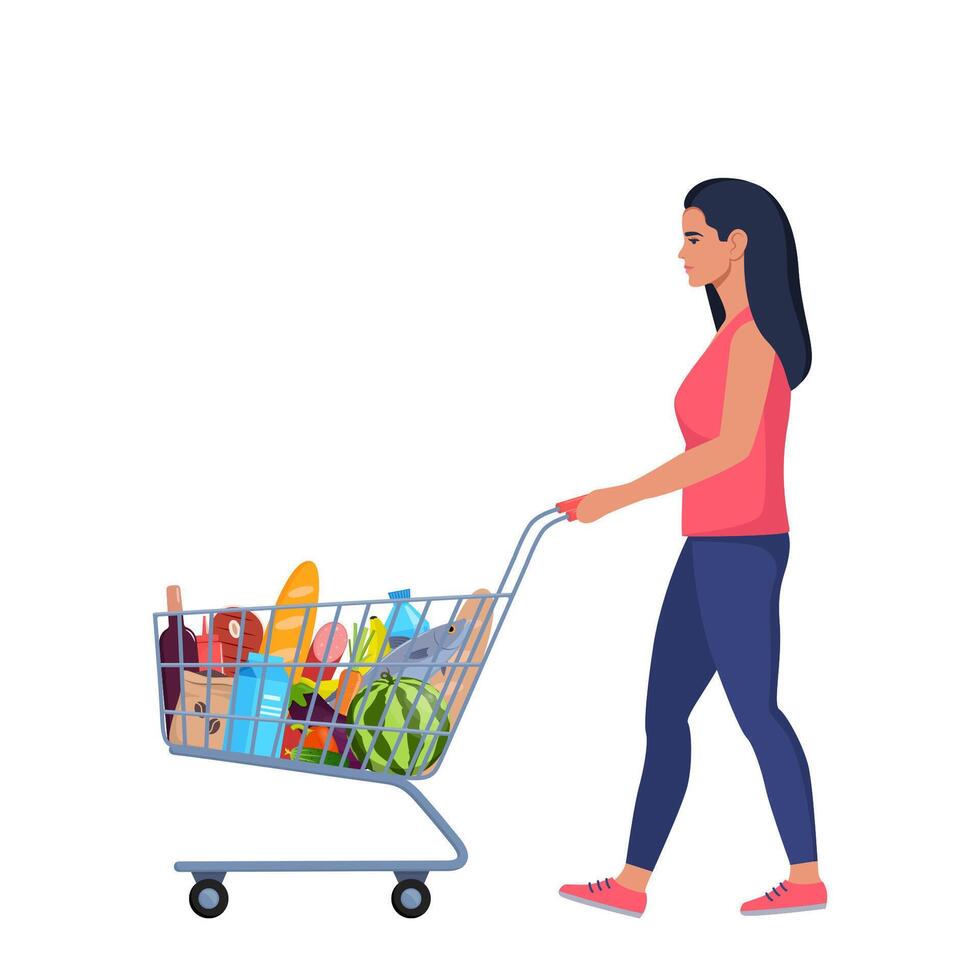 Woman with a shopping cart full of goods. Cheerful female buys food in grocery store. Supermarket trolley. illustration. vector