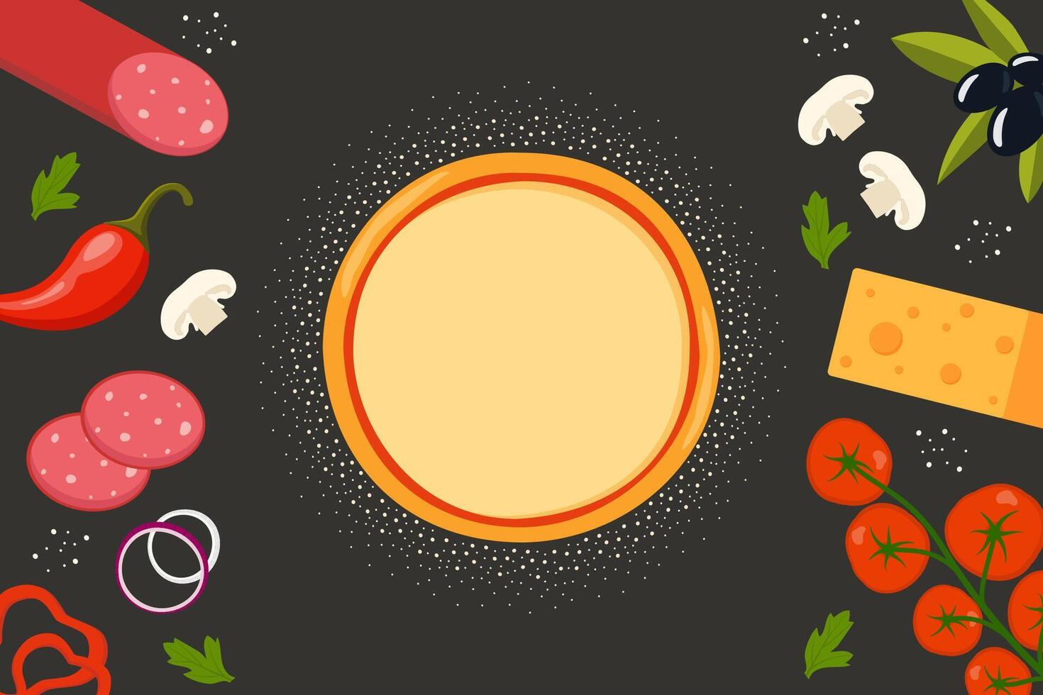 Fresh round pizza and ingredients around on dark background. Pizza with tomato, cheese, olive, sausage, onion, pepper. Traditional Italian fast food. Top view meal. illustration. vector
