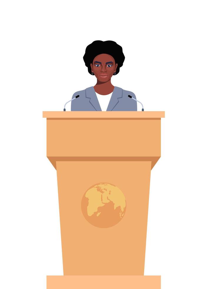 Black woman in a business suit stands on a rostrum in front of the microphones. Woman orator speaking from tribune. illustration. vector
