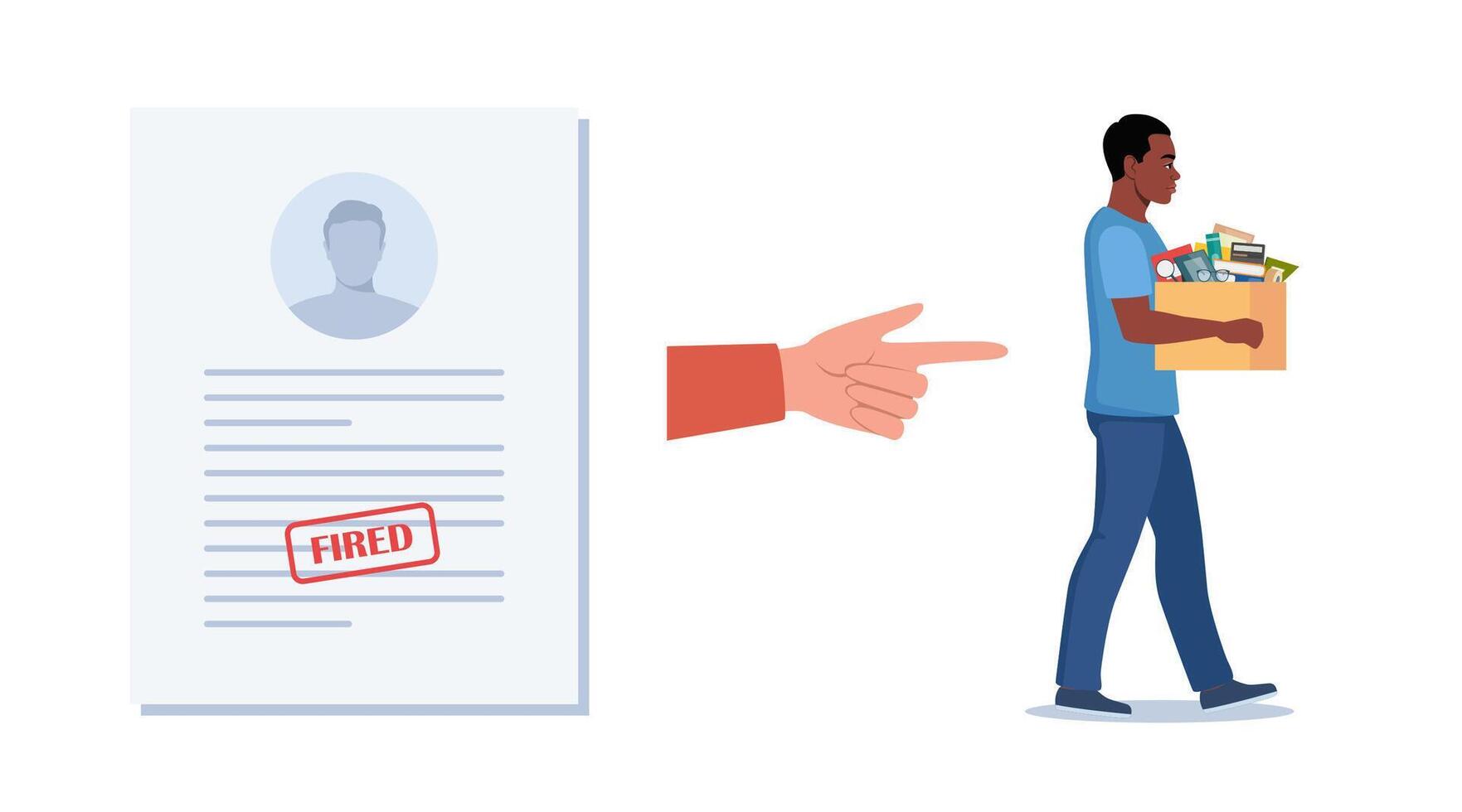 Dismissal, employee replacement. Unhappy black man dismissed from job, leave office with stuff in box. Unemployment dismissal of workers. Layoff, crisis. illustration. vector