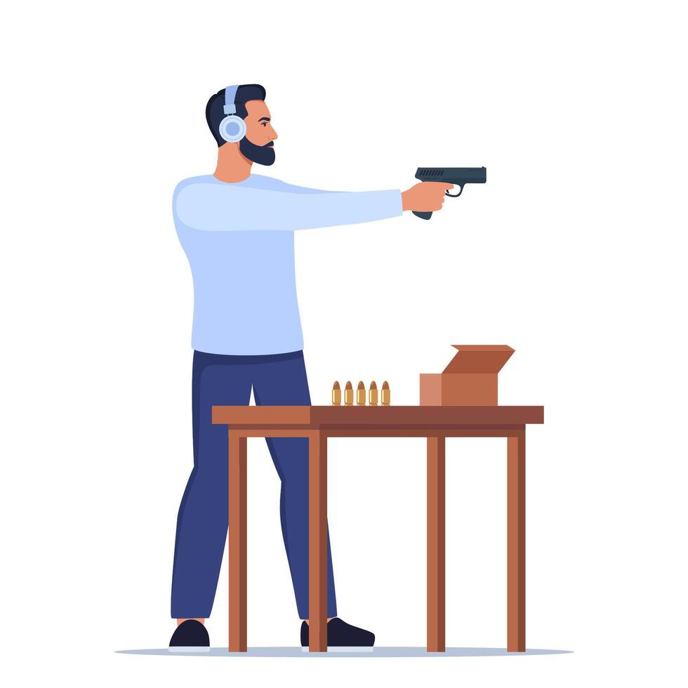 Focused Man Practicing Shooting Skills At Indoor Range. Male Character In Ear Protection Stands Confidently, Aiming A Pistol. illustration. vector