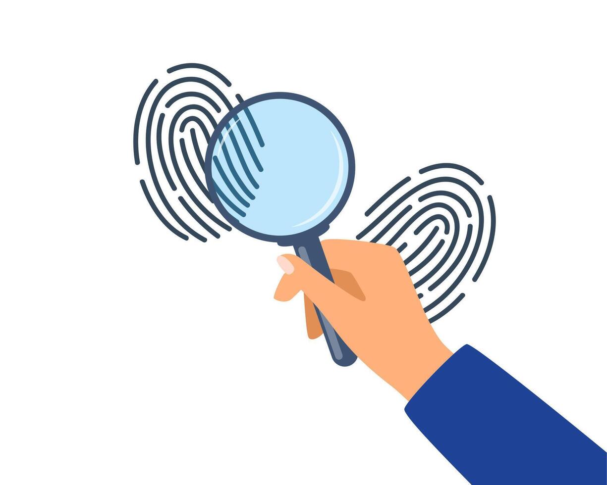 Man looking through magnifying glass at fingerprints. Hand holding loupe for identification. Identity, evidence concept. illustration. vector