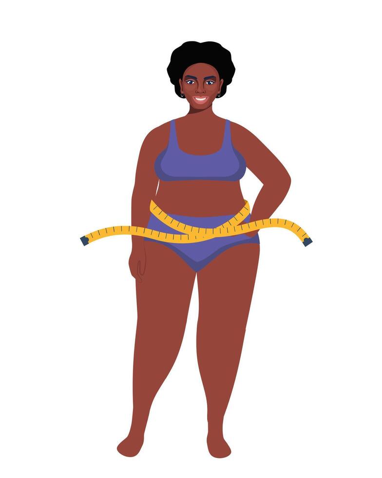 más Talla negro mujer en ropa interior y medición cinta. demasiado grande graso muchacha. obesidad peso controlar concepto. exceso de peso hembra dibujos animados personaje lleno longitud. ilustración. vector