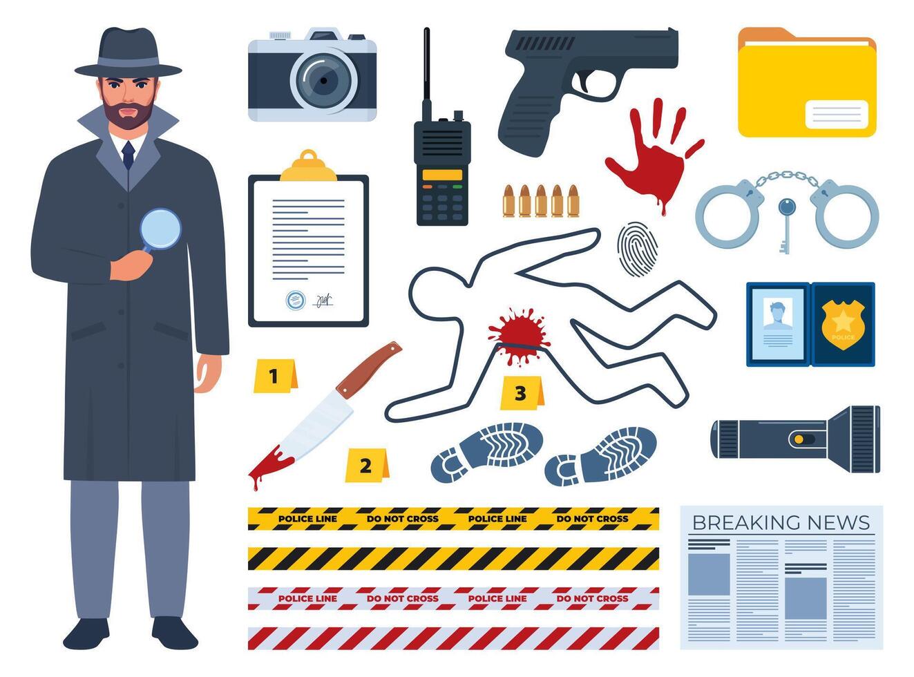 Police detective character and equipment. Investigation tools. Pistol, handcuffs, flashlight, palm print, body outline, shoe marks, police tape, sunglasses, hat, newspaper, magnifying glass. . vector