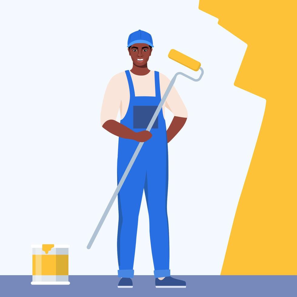 Painter black man painting house wall with roller brush. Worker guy using paint-roller and paint cans. Decorator job, interior renovation service. Flat character illustration. vector
