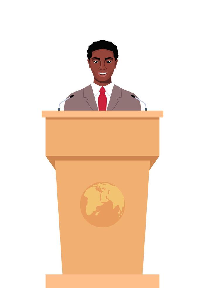 Black man in a business suit stands on a rostrum in front of the microphones. Man orator speaking from tribune. illustration. vector