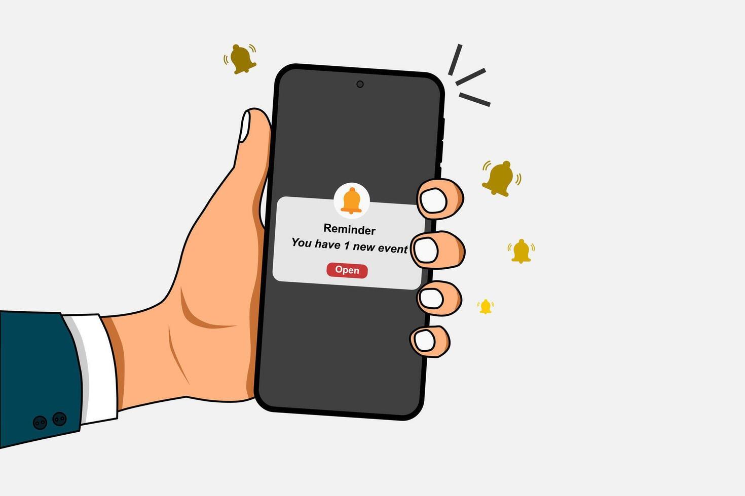 Businessman holding a mobile phone with reminder notifications page on screen. New event notice message on mobile phone. vector