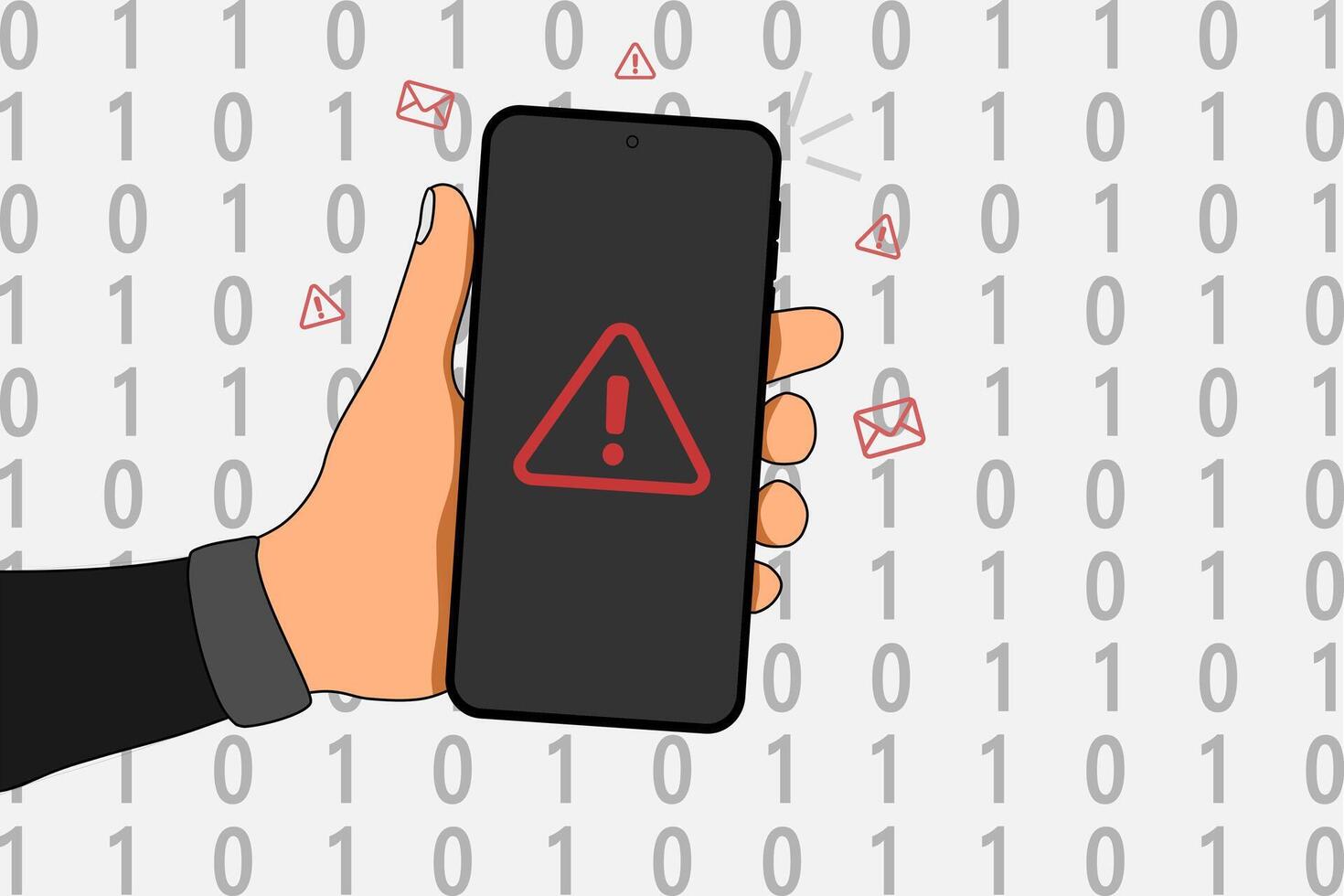 Hand holding a smartphone with red triangle caution warning sign for notification error, restricted content or maintenance concept. vector