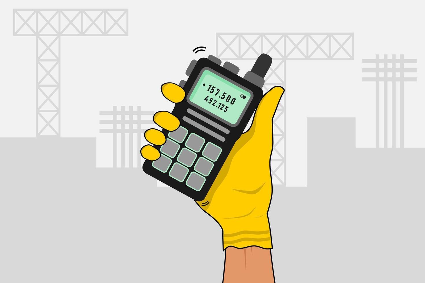 Worker hand with yellow protective gloves holding a walkie talkie at a construction site. vector