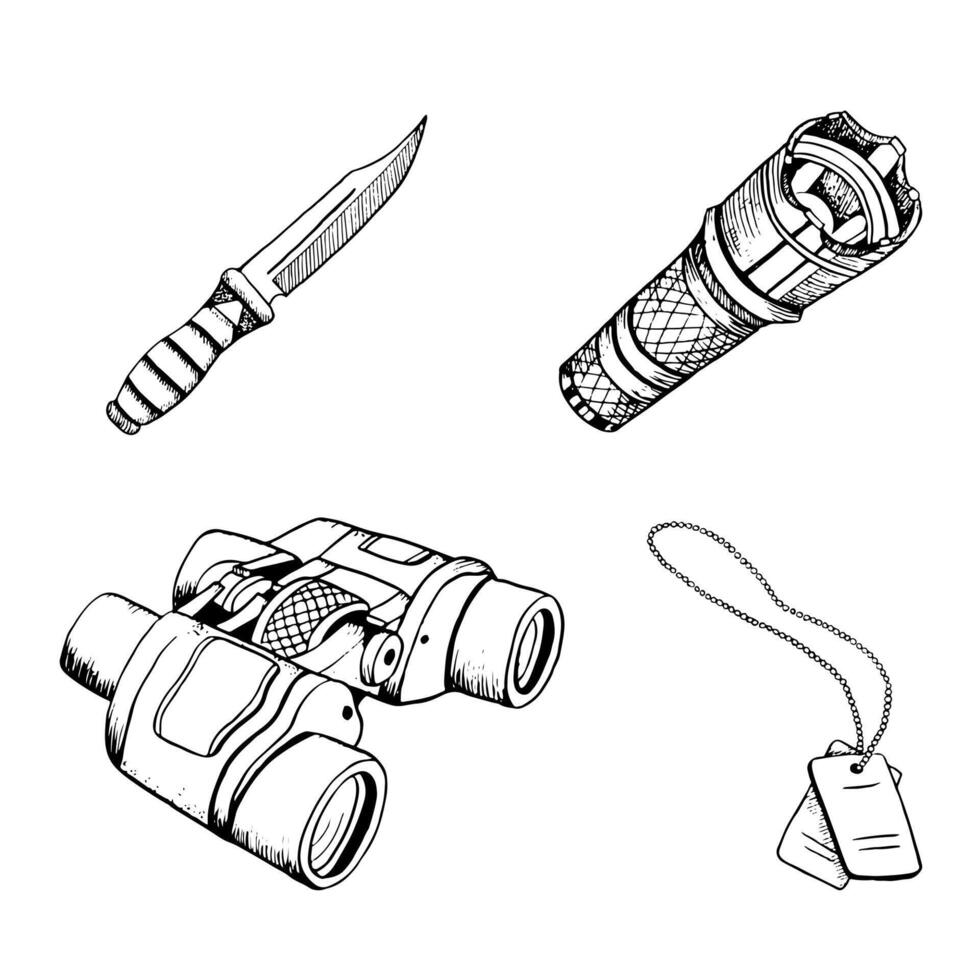 Tactical military flashlight, binoculars, knife and personal soldier military number badges on chain black and white illustration set for US or Israel army designs vector