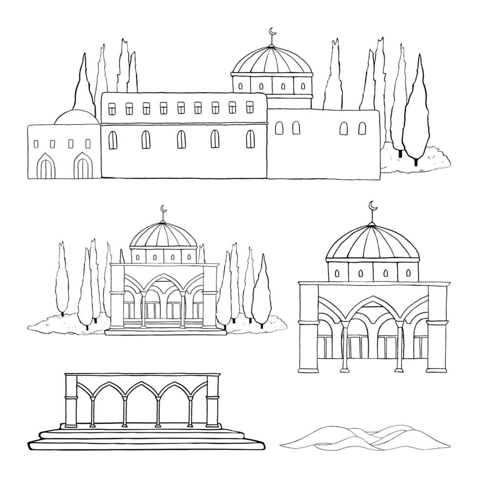 Islamic mosque Dome of the Rock in old town of Jerusalem with ancient walls and colonnade with cypress trees line illustration set n black and white. Monochrome flat cityscape collection vector