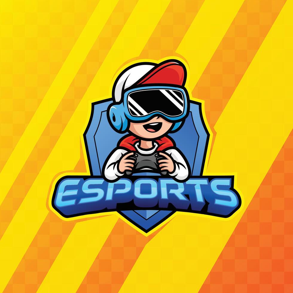 Boy in baseball suit playing VR game. Esport cartoon emblem logo. vector