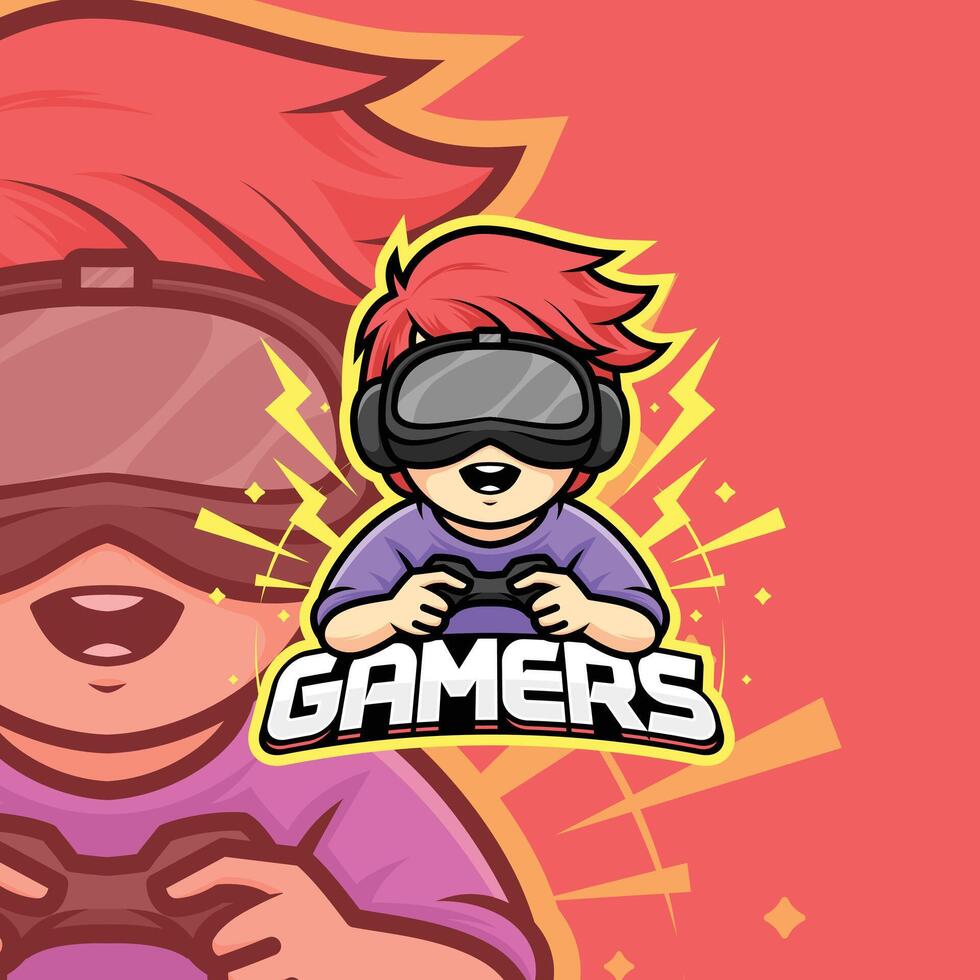 Red haired child playing VR game. Cartoon esport emblem logo. vector