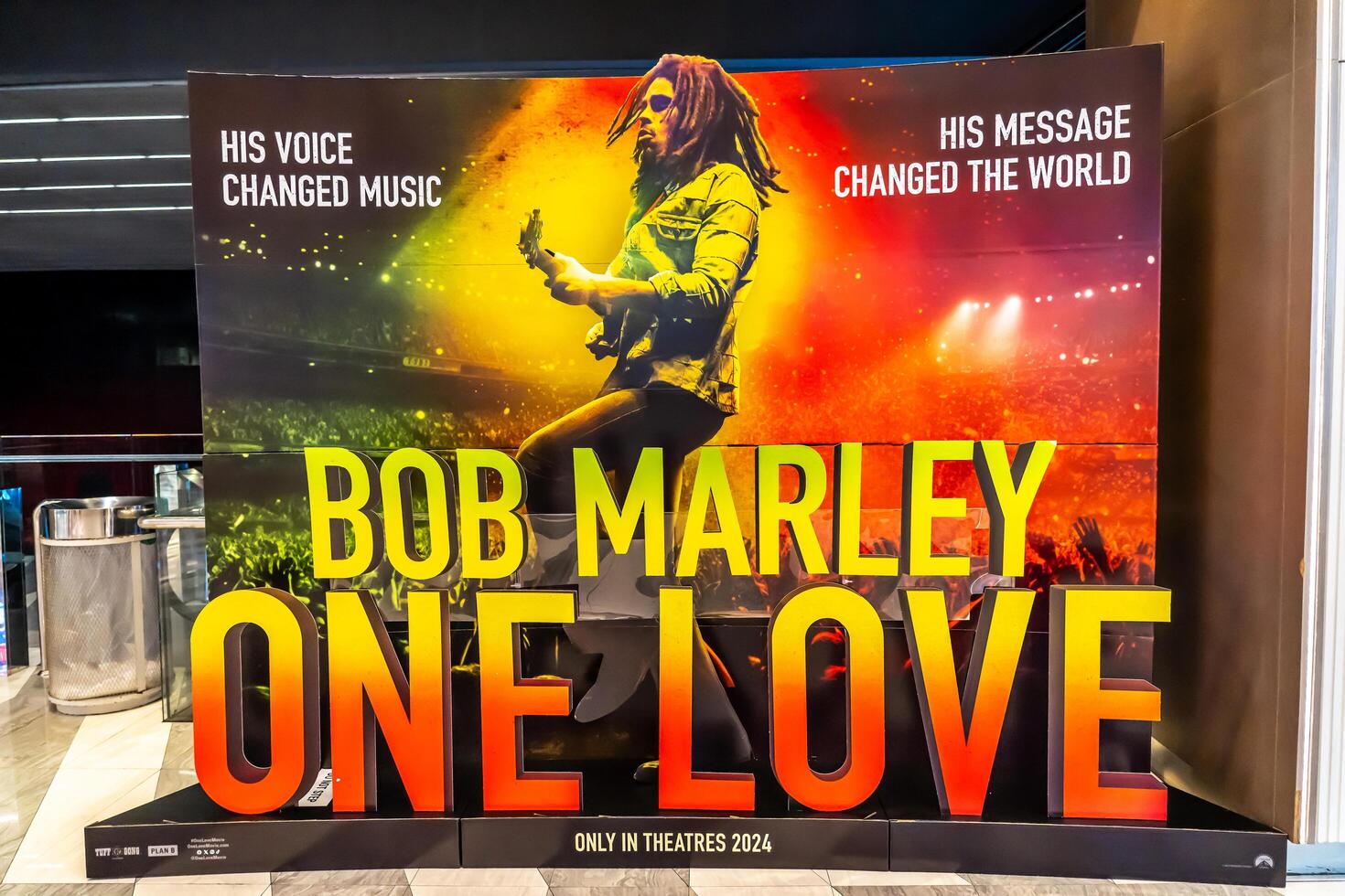 BANGKOK, THAILAND, 09 December 2023, A beautiful standee of a movie called Bob Marley, One Love display at the cinema to promote the movie photo
