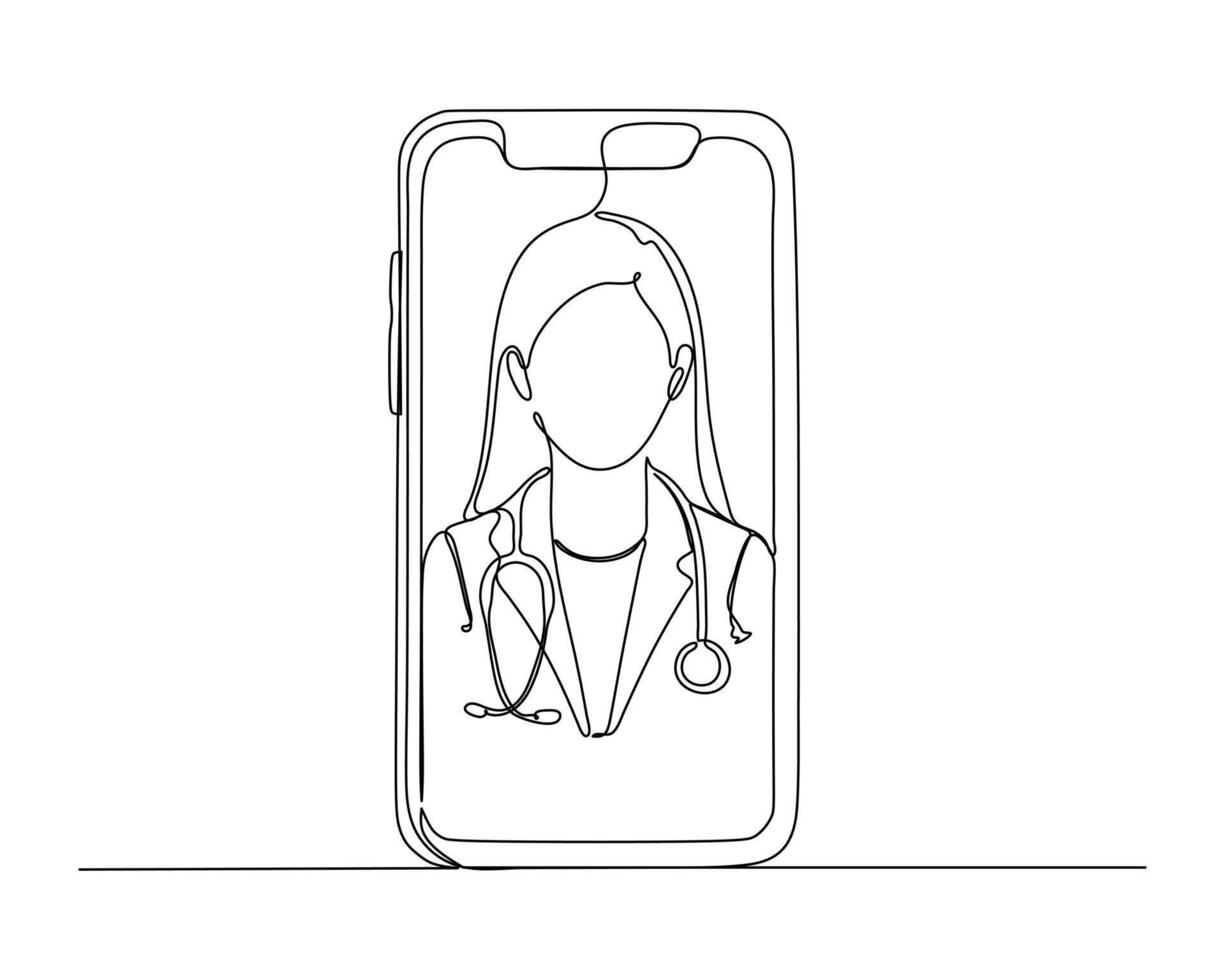 continuous line drawing of a smartphone displaying an illustration of a healthcare professional medical doctor, with a stethoscope around the neck representing telemedicine or virtual healthcare vector