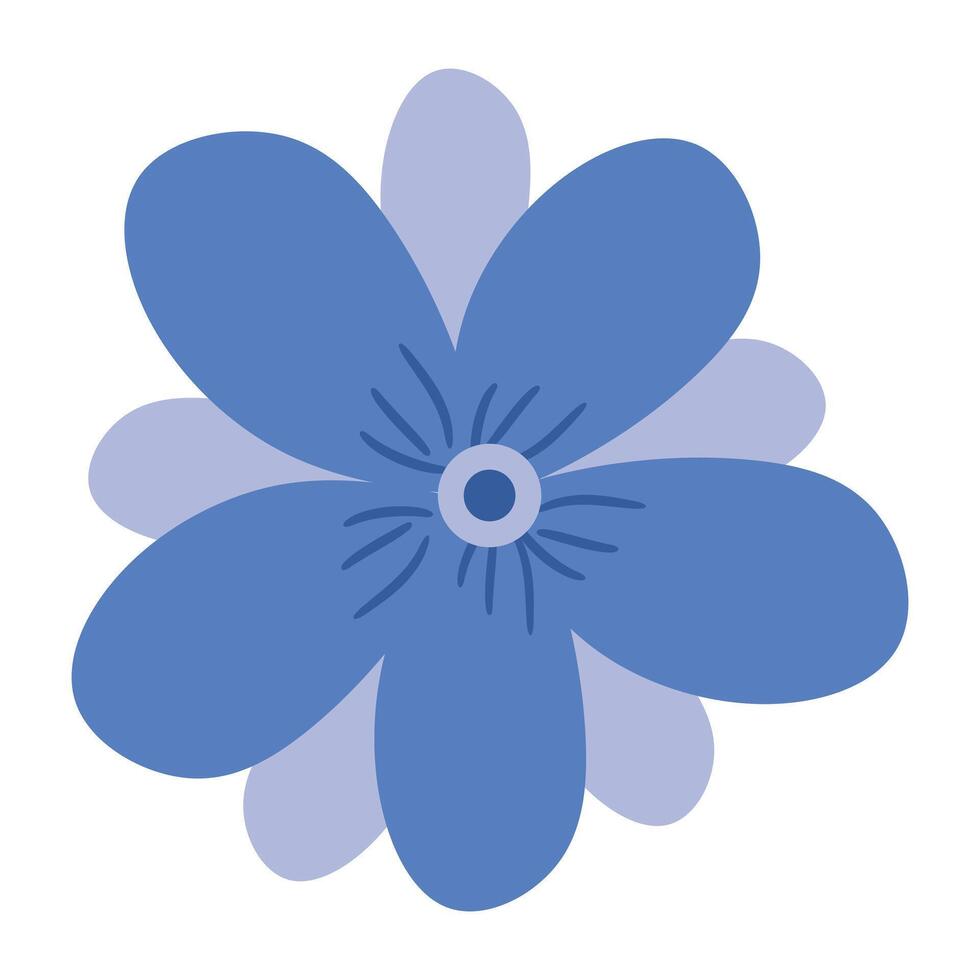A stylized blue flower with six rounded petals and a small, dark center for floral and decorative theme illustration. vector