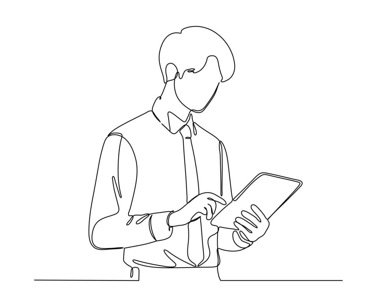 continuous line drawing of a person holding and looking at a tablet. The individual is depicted from the waist up, wearing a shirt with rolled-up sleeves, and appears engaged with the tablets content vector