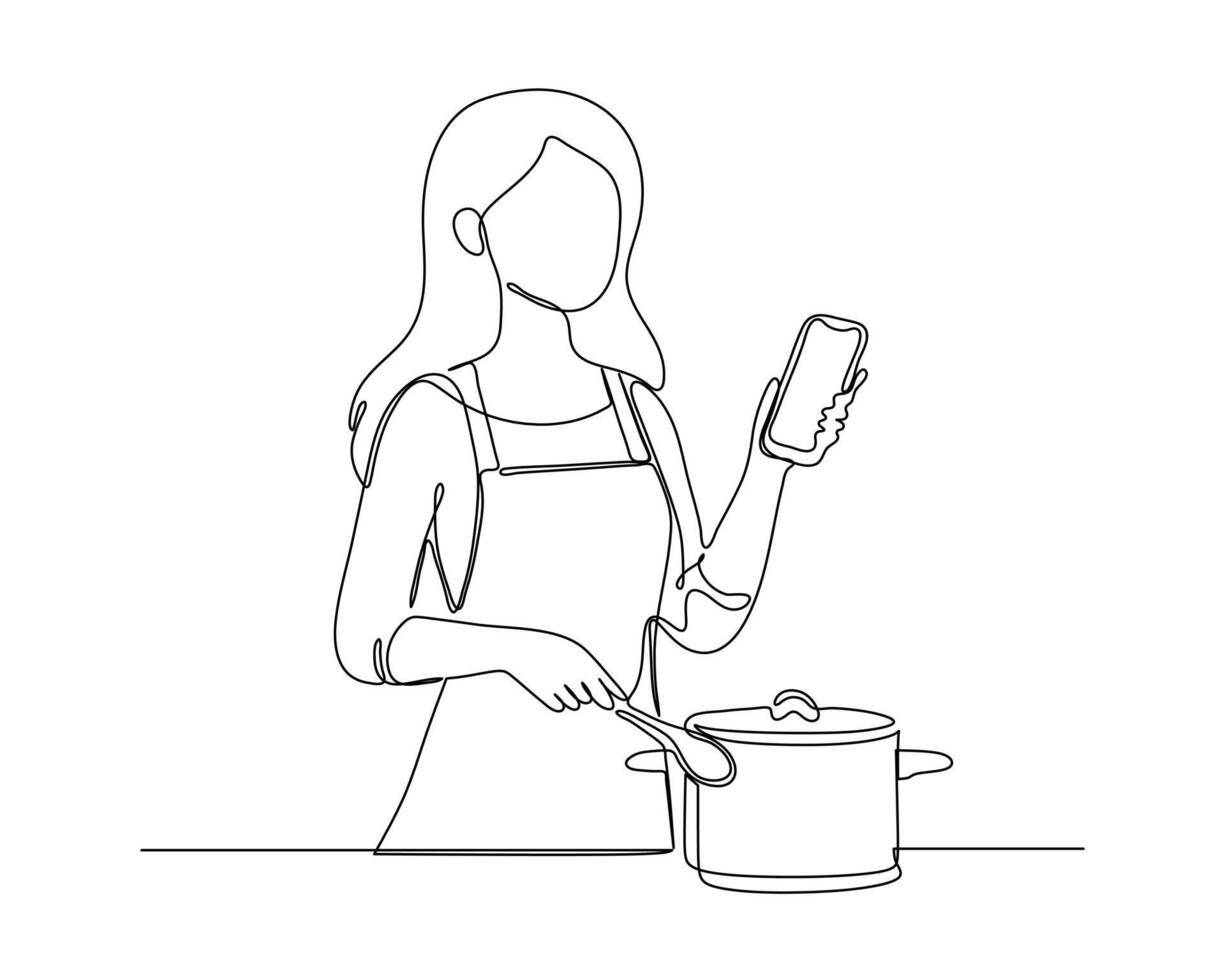 A person standing, stirring a pot with one hand and holding a smartphone in the other. The individual appears to be multitasking, combining cooking with using a digital device vector