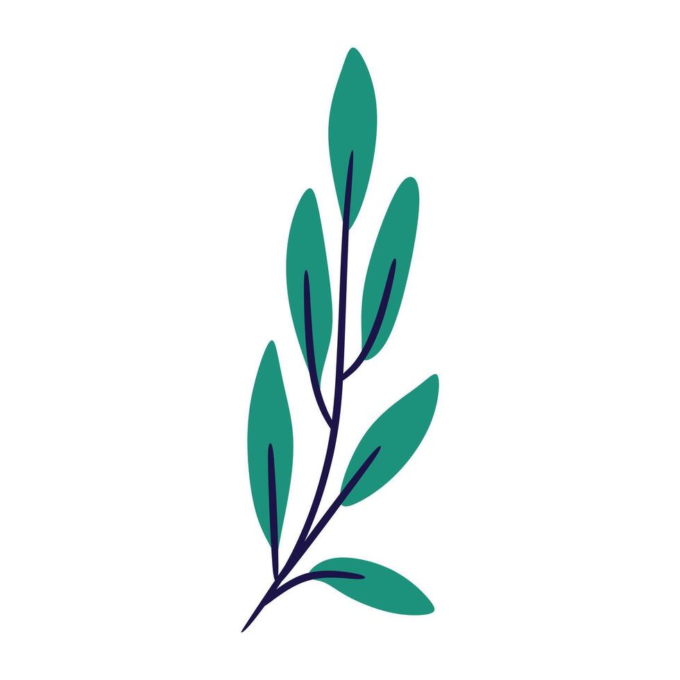 Simple, stylized olive branch with seven leaves in shades of green and blue. Perfect for minimalist designs, branding, and social media graphics. vector