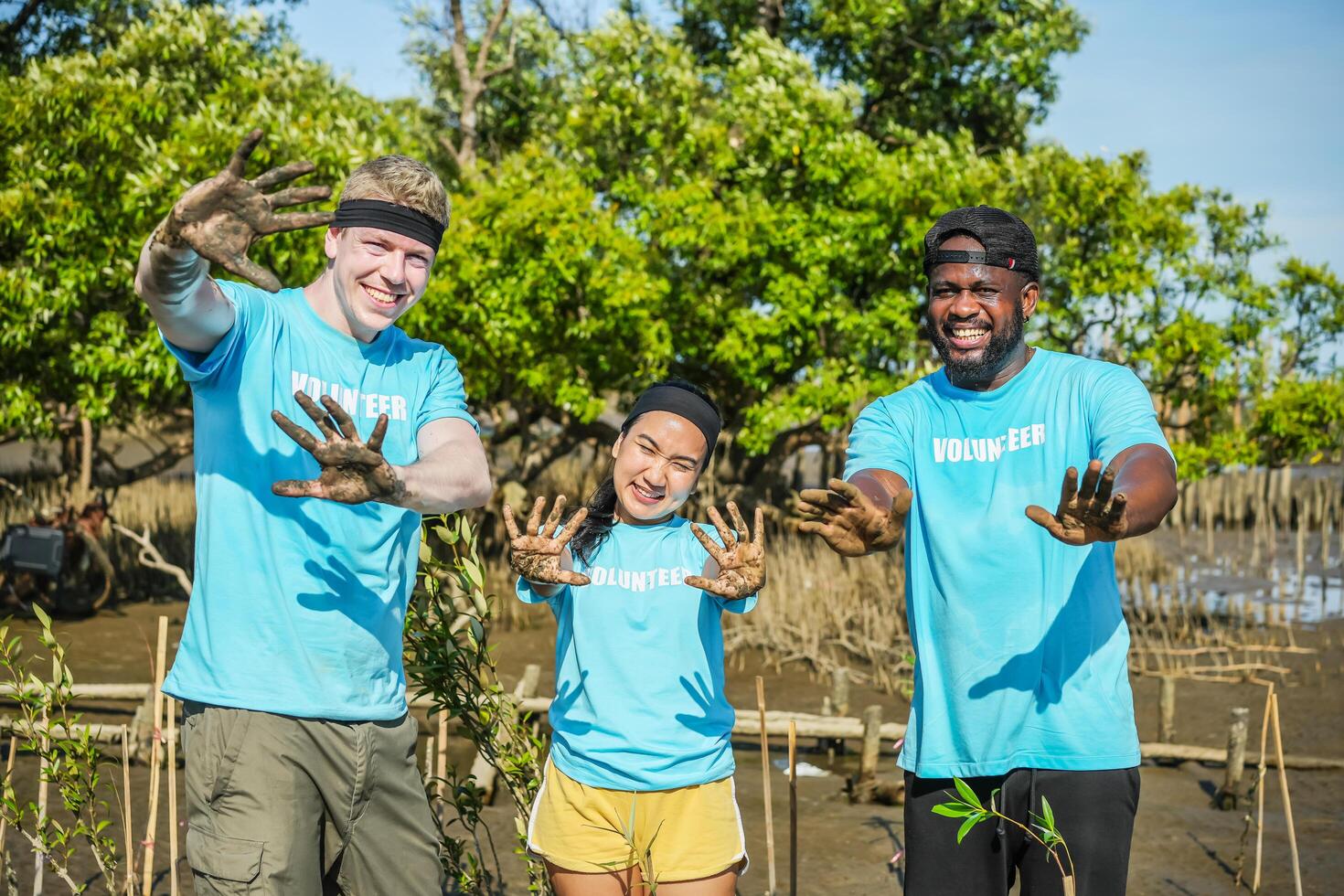 Group of volunteer showing hands soiled in mud sign smiling look at camera helpers planting trees in mangrove forest for environmental protection and ecology, reduce global warming, Charity work photo